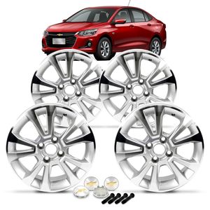 Jogo 4 Rodas De Liga Leve Aro 15 Prata Diamantada+bicos E Calotas Centrais Onix /prisma KIT2338